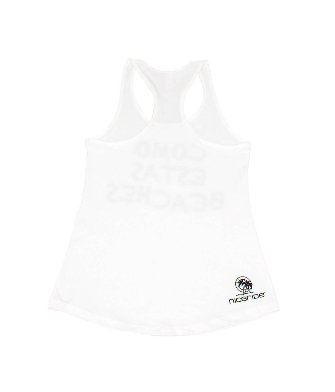 Como Estas Beaches white tank top with racerback design and NICERIDE logo on the rear hip. Soft and comfortable tank top.