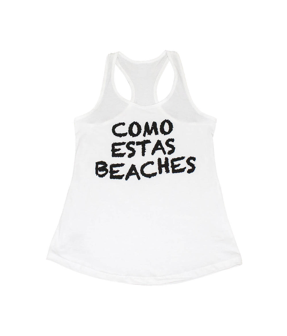 Como Estas Beaches white tank top featuring bold text, designed for comfort and style, ideal summer wear for women.