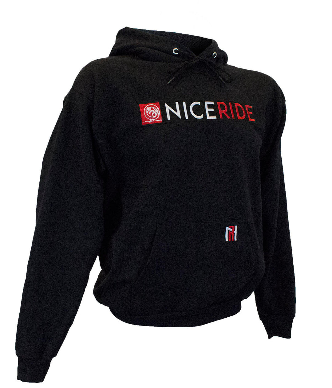 N-R Combo black pullover hoodie for men and women featuring NICERIDE logo design.