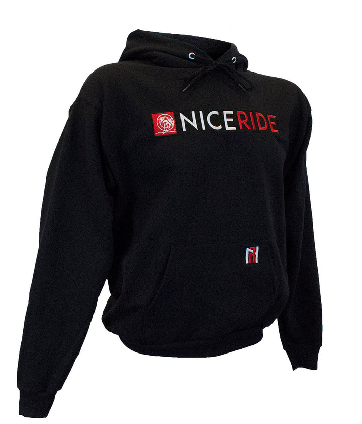 N-R Combo black pullover hoodie for men and women featuring NICERIDE logo design.