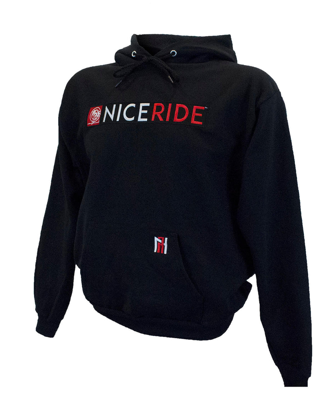 Black pullover hoodie for men and women with NICERIDE logo, stylish and comfortable, perfect for casual wear.