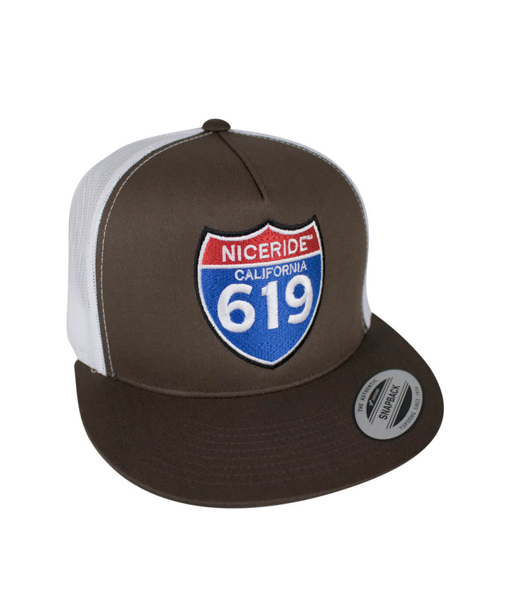 Interstate 619 trucker cap with embroidered logo, stylish hat for outdoor activities.