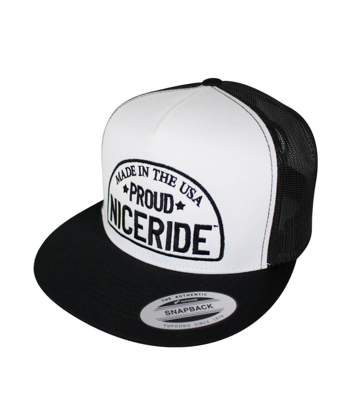 Proud Trucker Hat by NICERIDE, classic snapback design with embroidered front and back, made in the USA.