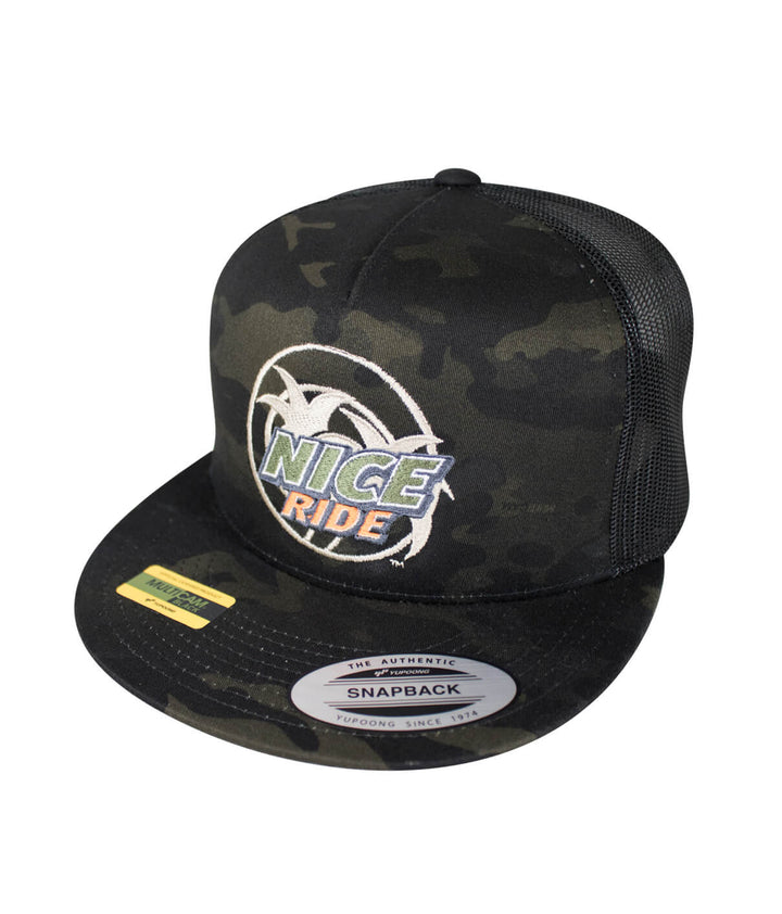 Choo Choo Trucker Hat featuring NICERIDE design, embroidered logo, and classic snapback style, perfect hat for any casual outfit.
