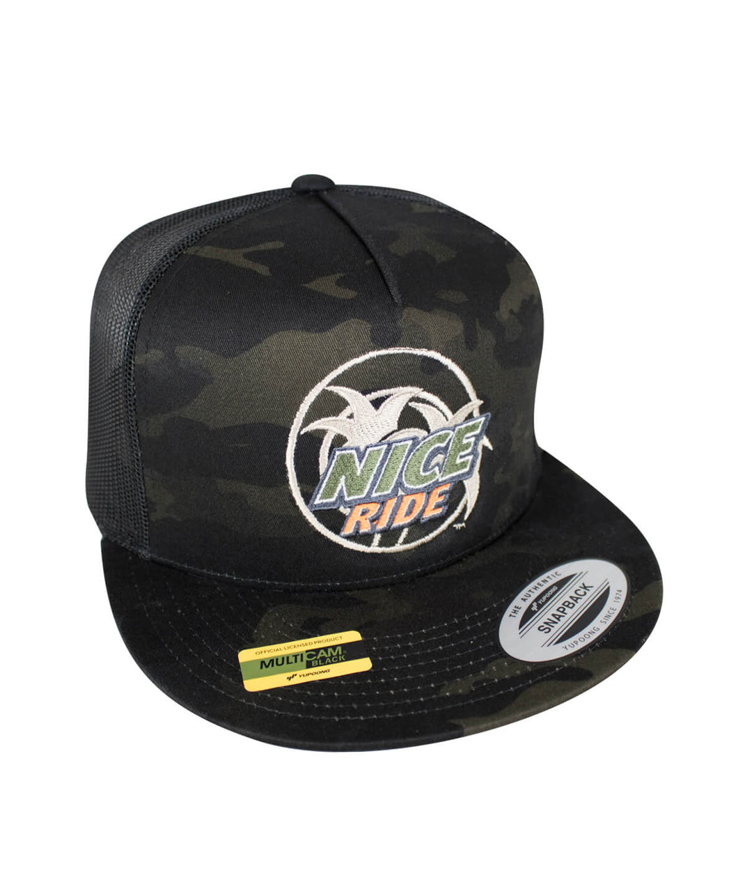 NICERIDE Trucker hat with palm logo on camouflage design, a classic snapback hat.