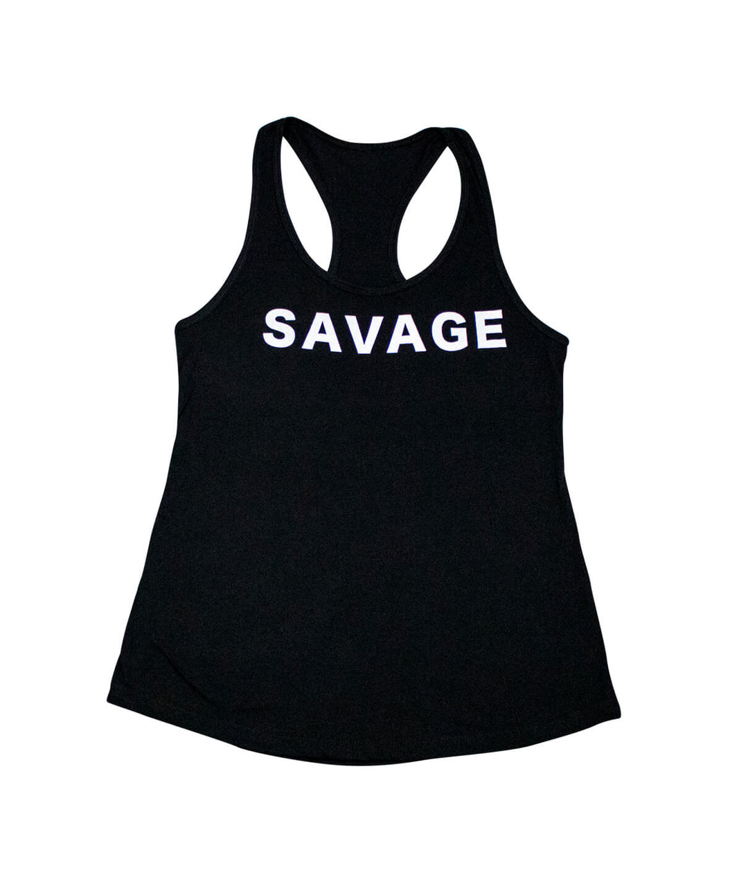 SAVAGE tank top featuring a bold front print on a black racerback design, showcasing comfort and style.