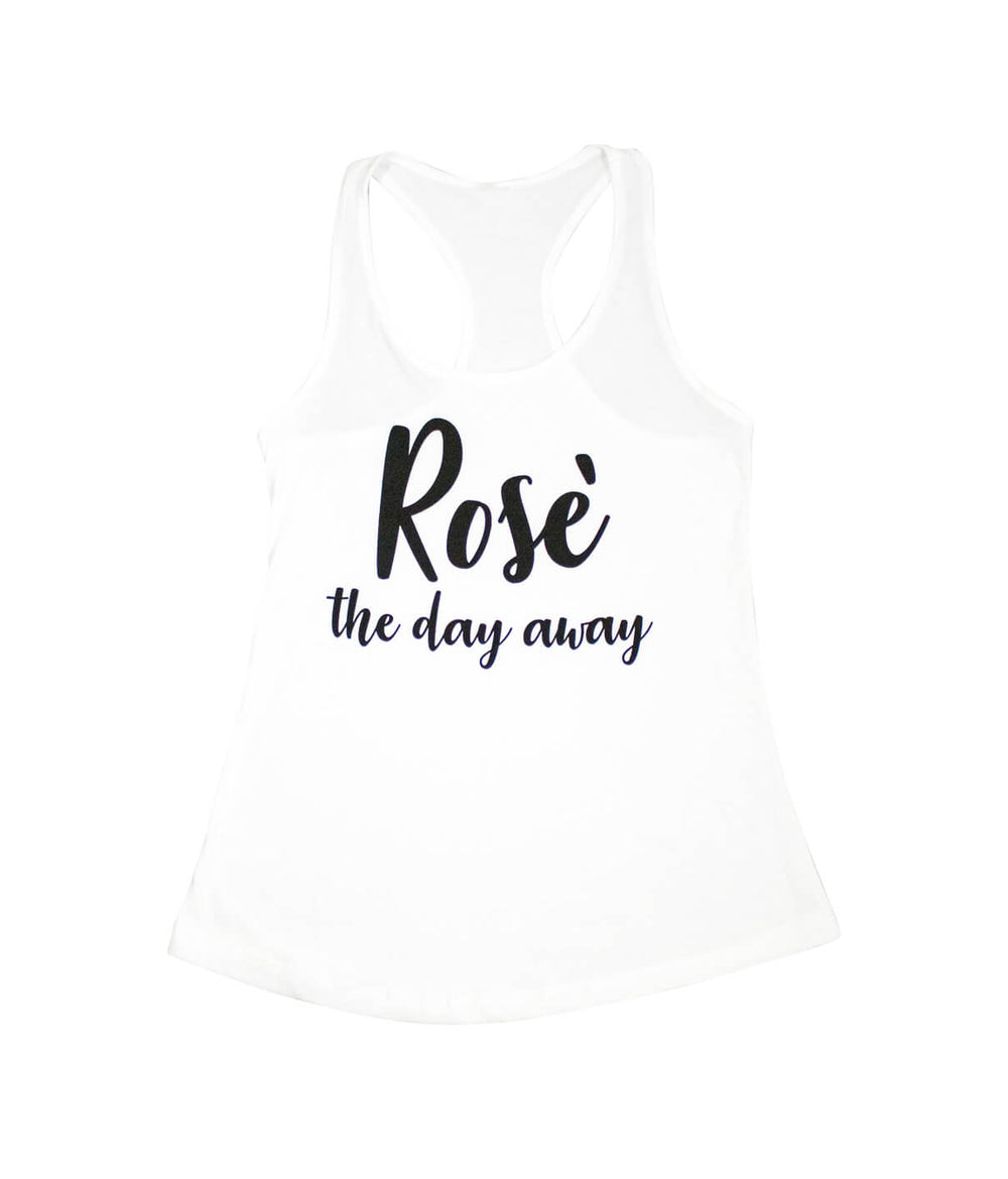 Rose the Day Away design on a white Next Level women's racerback tank top.