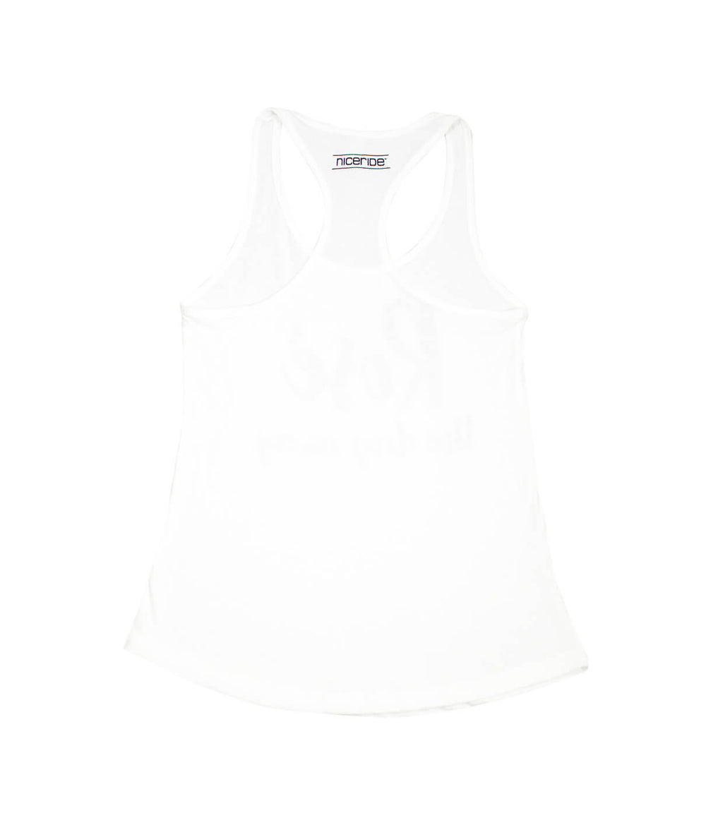 Every Blonde Needs A Brownie white tank top, women's racerback tank top by NICERIDE, soft and fitted style.