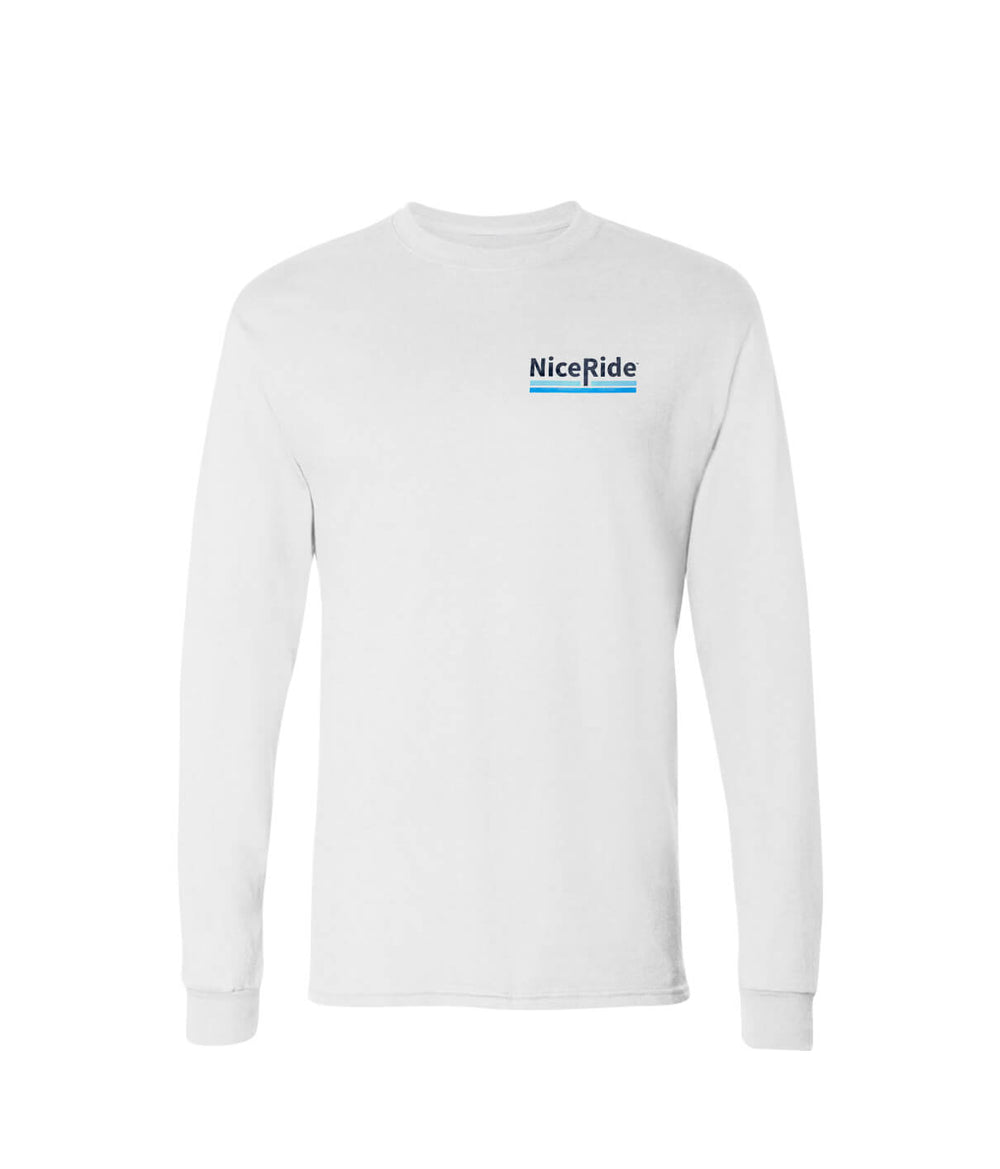 Low Tide - White Hanes Pre-Shrunk 100% Cotton Men's Long Sleeve Shirt featuring NICERIDE logo on the chest.