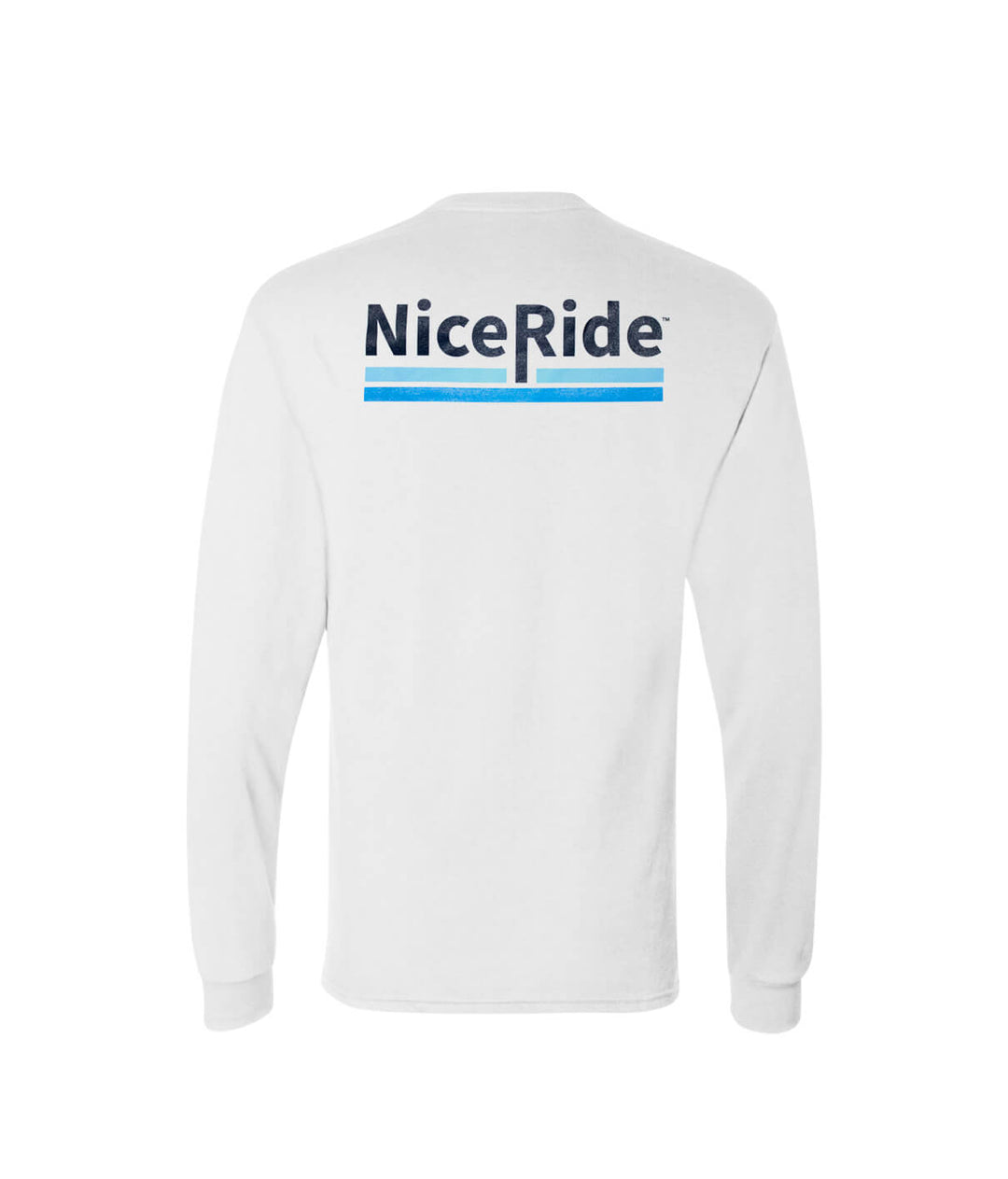 Back view of Low Tide white shirt with NiceRide logo in blue on the center, perfect for outdoor activities.