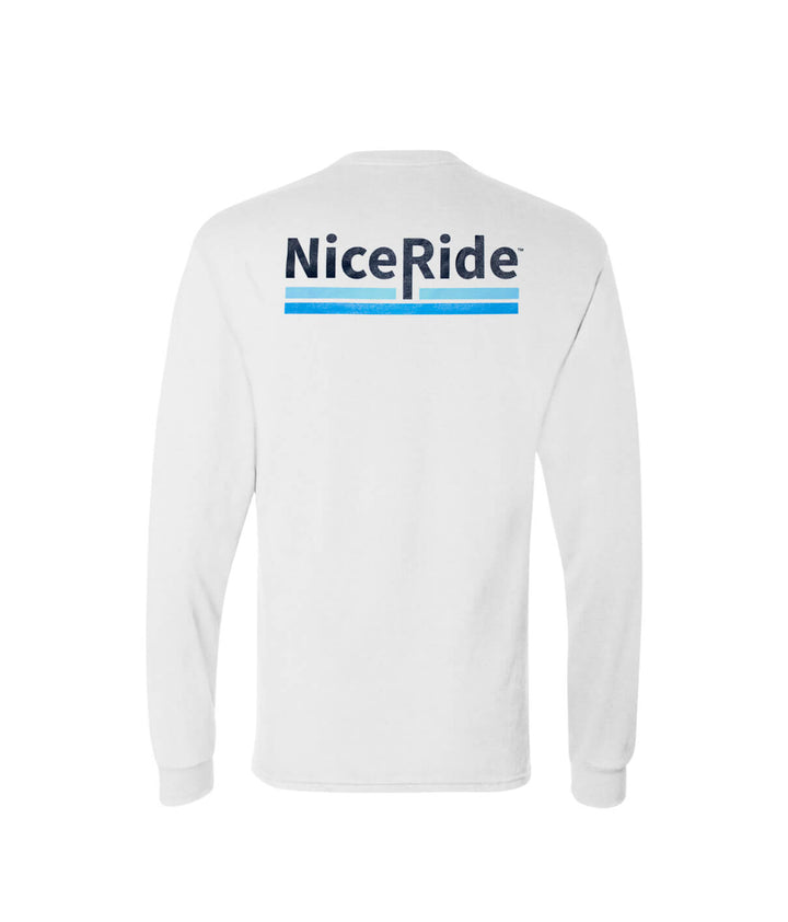 Back view of Low Tide white shirt with NiceRide logo in blue on the center, perfect for outdoor activities.
