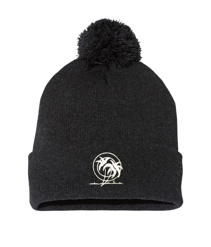 Classic Palm Stencil Puff Beanie with pom pom and embroidered palm logo from NICERIDE.