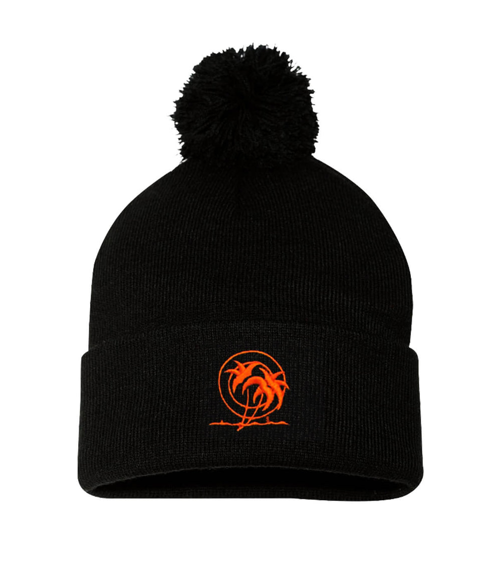 Classic Palm Stencil puff beanie featuring NICERIDE's embroidered palm logo on a black cuffed design.