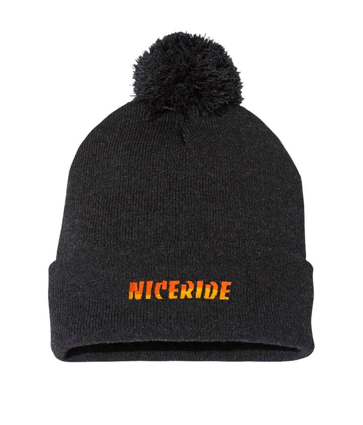 Classic NICERIDE Puff Beanie with logo, 12" cuffed beanie, perfect winter accessory.