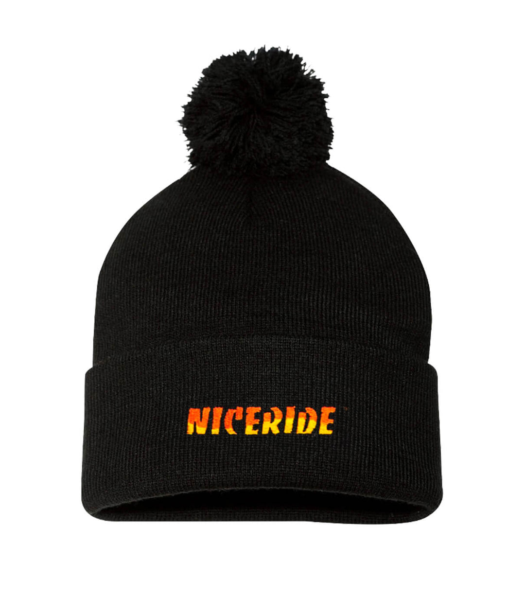 Classic NICERIDE puff beanie in black with pom-pom and NICERIDE logo embroidered on front.