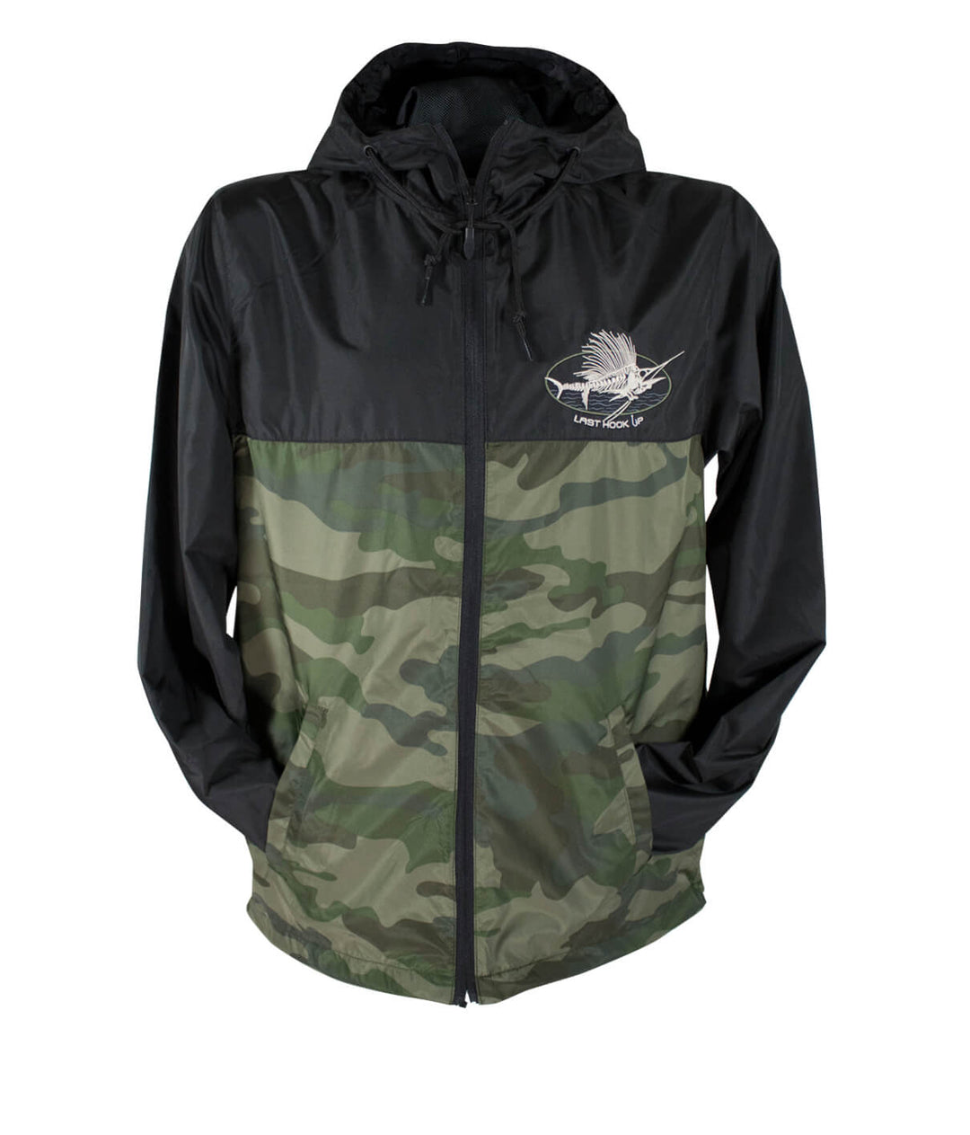 Lightweight windbreaker jacket with camouflage design, featuring NICERIDE&