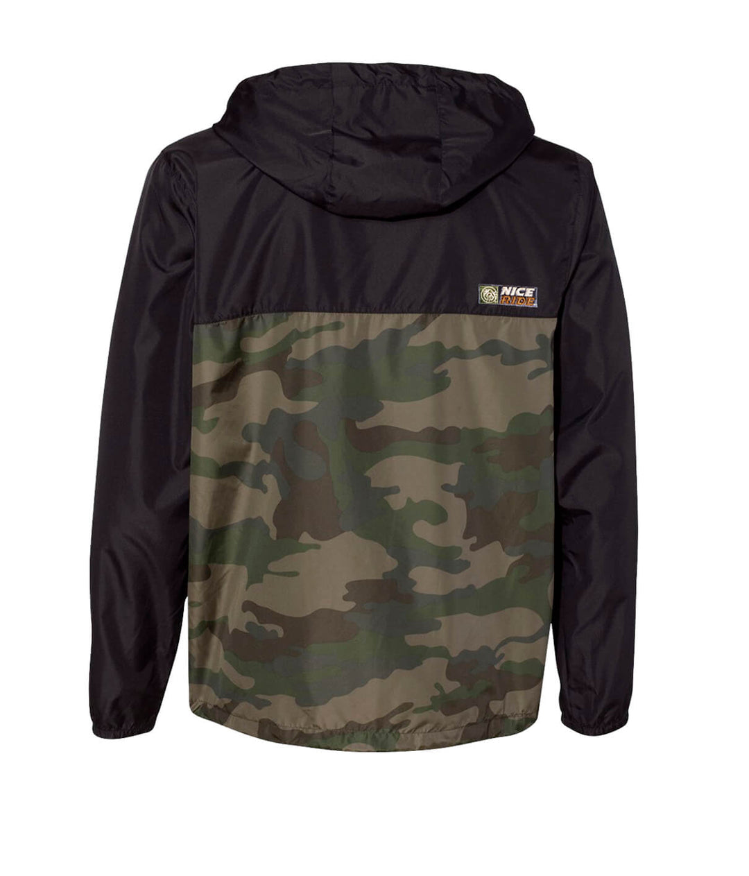 Last Hook Up lightweight windbreaker jacket with camouflage design and NICERIDE logo on the back.