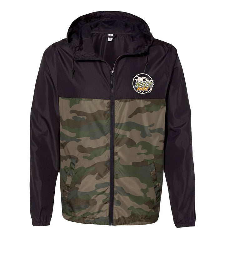 Choo Choo lightweight windbreaker jacket in black and camouflage with embroidered logo, perfect for outdoor activities.