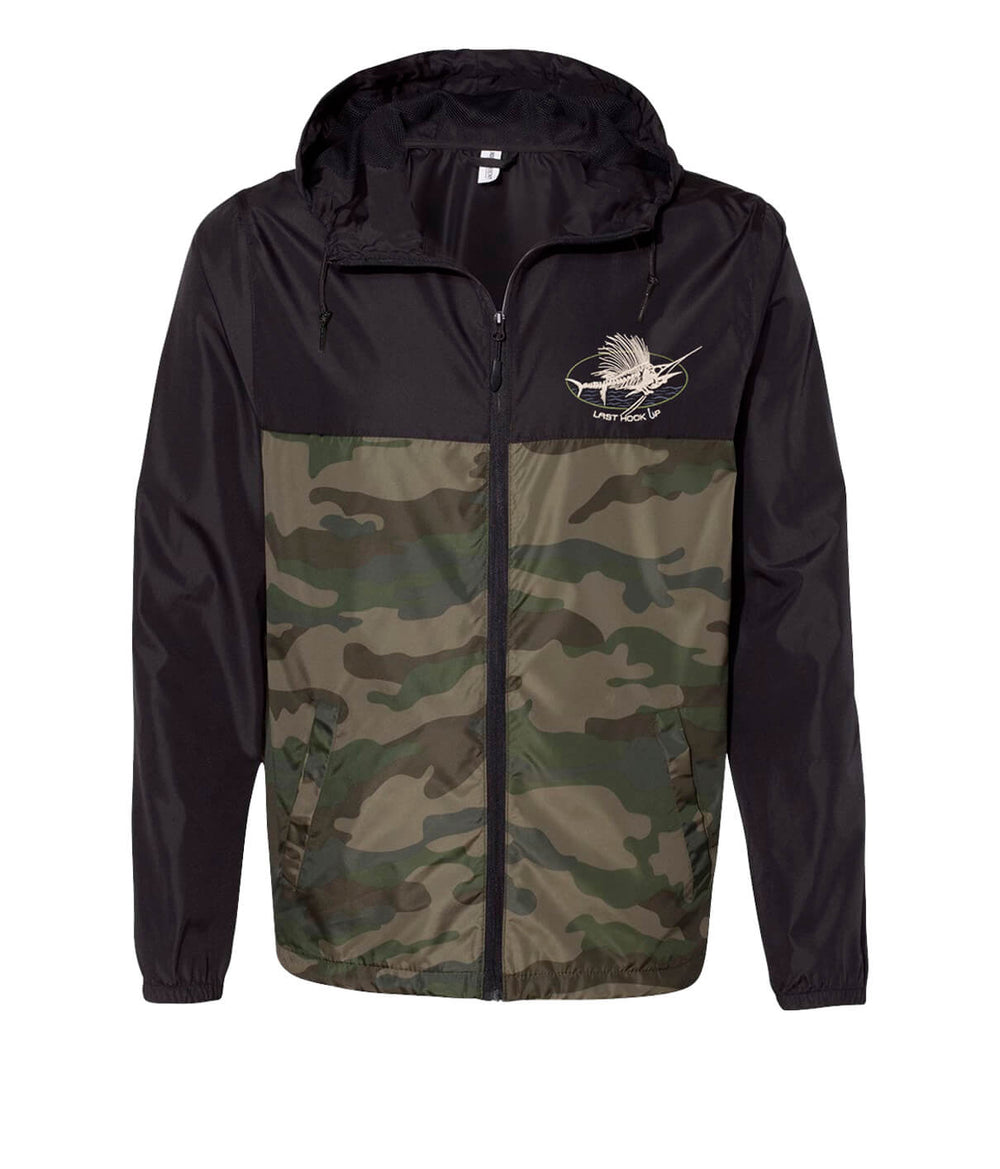 Lightweight Windbreaker jacket with camouflage design and logo on the chest, ideal for outdoor activities.