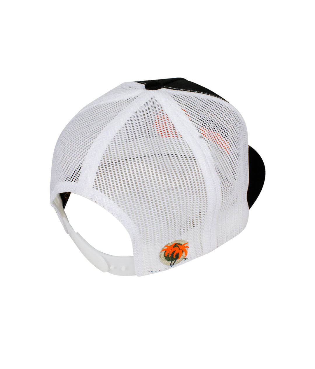 Back view of a black and white Socket trucker baseball hat, showcasing the classic palm logo on the side, a stylish hat design.