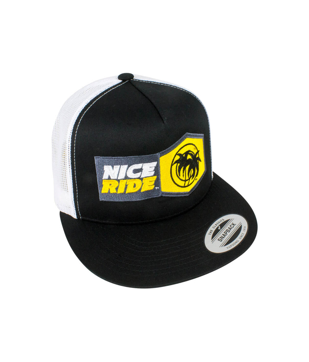 Socket Trucker Baseball hat featuring NICERIDE logo, black front and white mesh sides, perfect hat for casual outings.