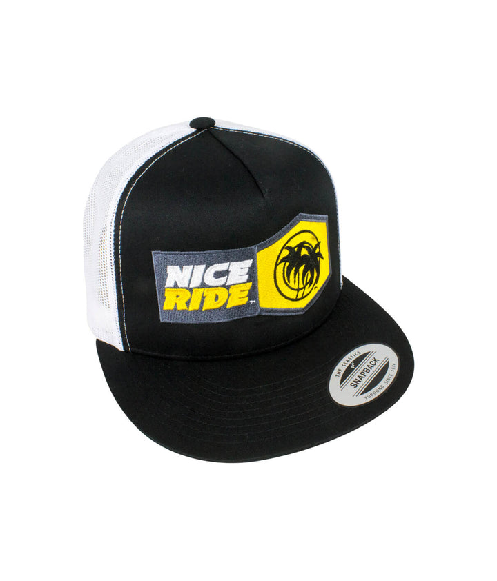 Socket Trucker Baseball hat featuring NICERIDE logo, black front and white mesh sides, perfect hat for casual outings.