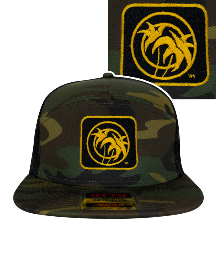 Palm Box OTTO Unisex 7 Panel Trucker Hat in camouflage with vibrant yellow palm tree embroidery.