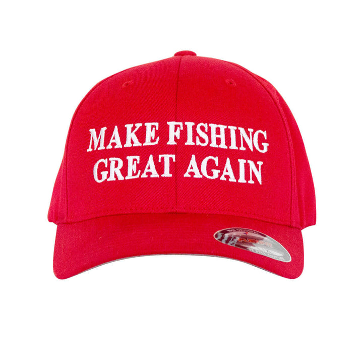 A red baseball cap with the words Make Fishing Great Again embroidered on it
