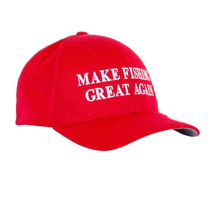 Classic Flexfit hat featuring "Make Fishing Great Again" embroidered in white on a red baseball cap.