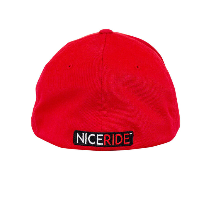 Back view of the Make Fishing Great Again hat featuring NICERIDE embroidered in two-tone on a red classic flexfit hat.