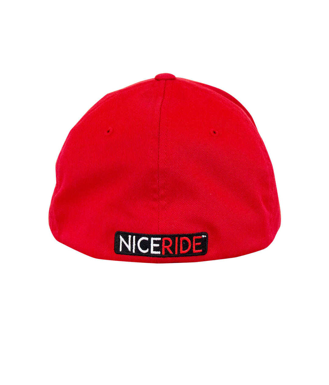 Back view of a red hat with NICERIDE embroidered logo, part of the &