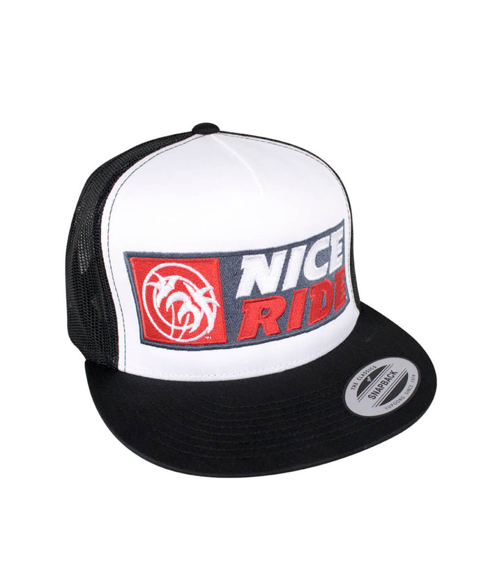 Madera Trucker hat showcasing NICERIDE design on front panel, black bottom, perfect hat for baseball enthusiasts.