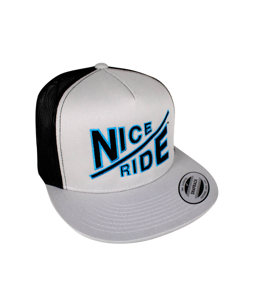 Hypnotize Trucker hat with NICERIDE design embroidered, classic snapback style, designed and made in the USA.