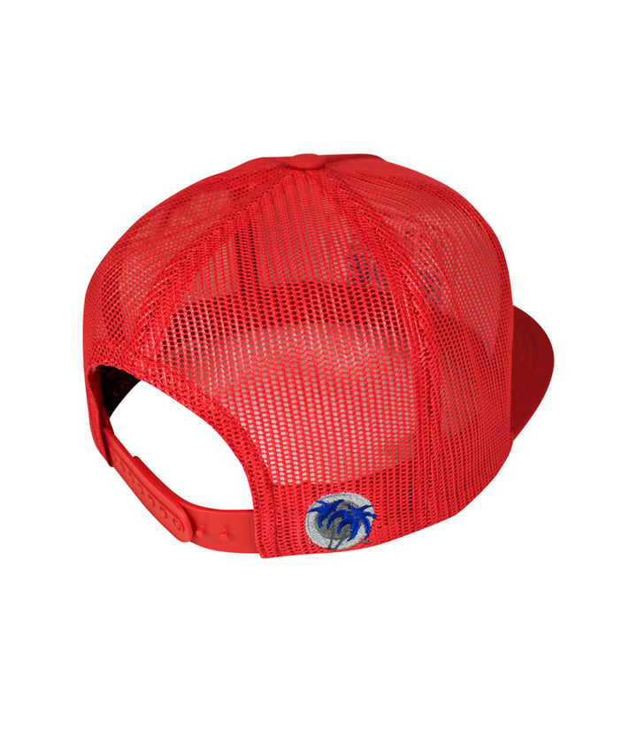Back view of a red trucker hat with a mesh design and blue palm logo on the right side, featuring the focus keyword hat.