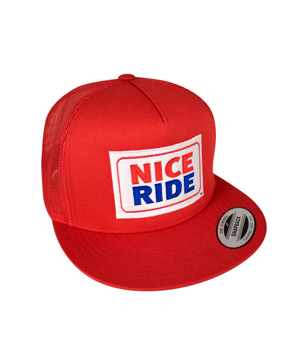Red "Shield" trucker hat with NICE RIDE design, embroidered front, perfect for outdoor adventures.