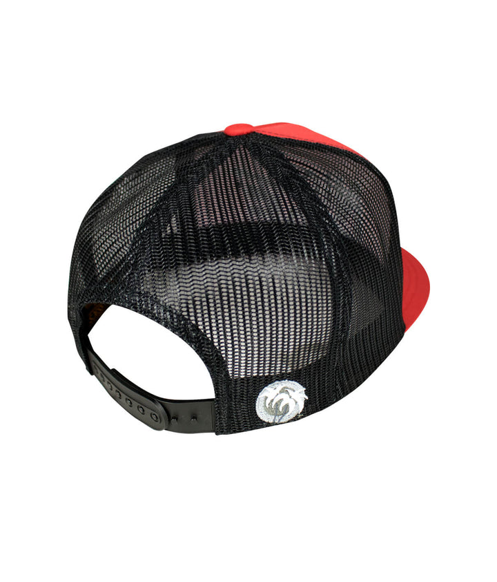 Back view of the "Hypnotize" Trucker hat showcasing the black mesh and palm logo design.