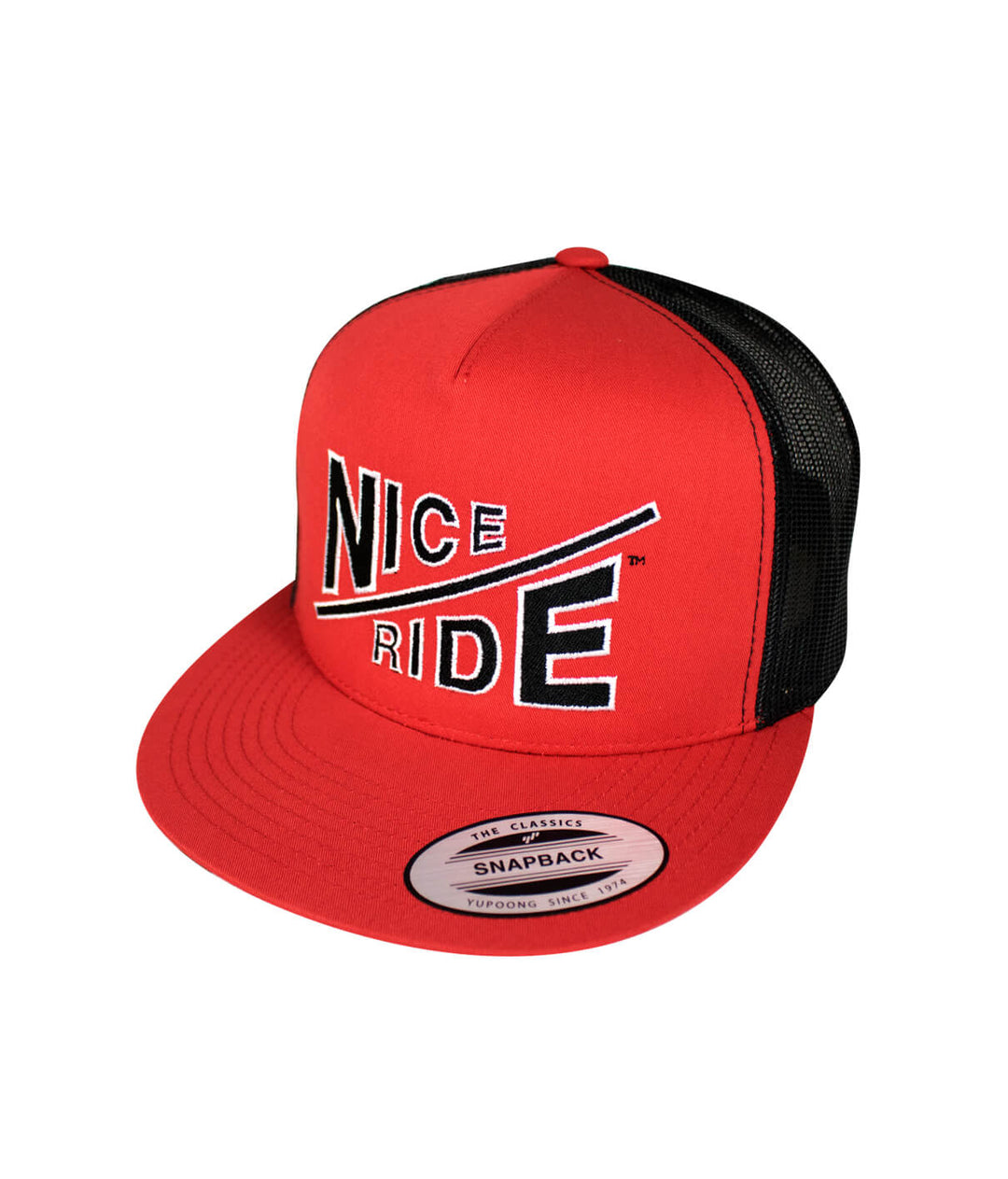 Red snapback hat featuring NICERIDE logo, a stylish cap ideal for casual wear.