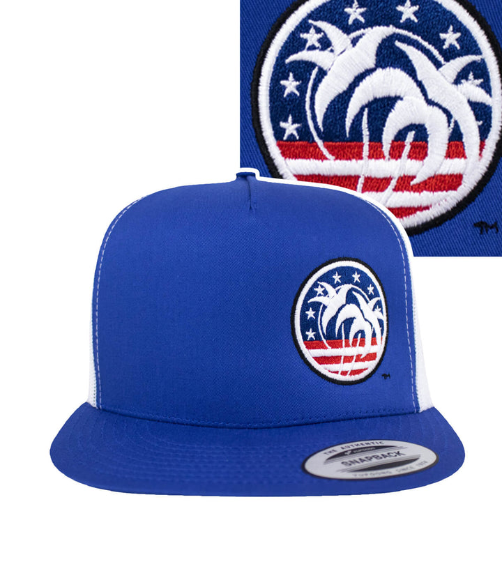 Spirit of 76-LP Trucker Hat in blue with embroidered logo design, classic snapback style, a perfect hat for outdoor activities.