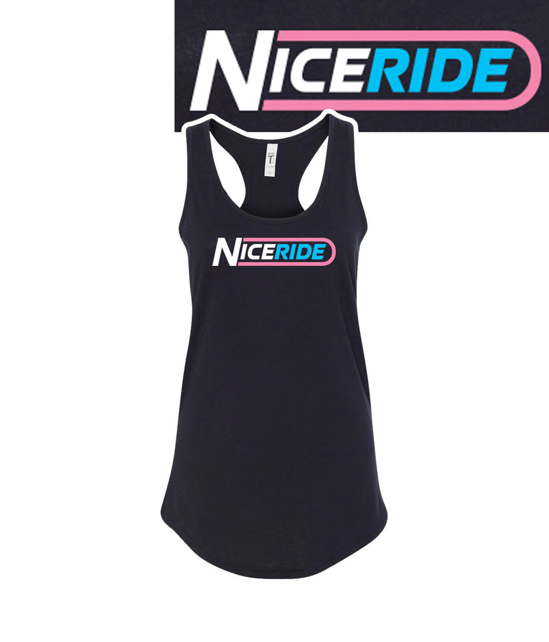The Tube - Black Next Level Women's Racerback Tank Top featuring NICERIDE logo, ideal for comfortable wear.