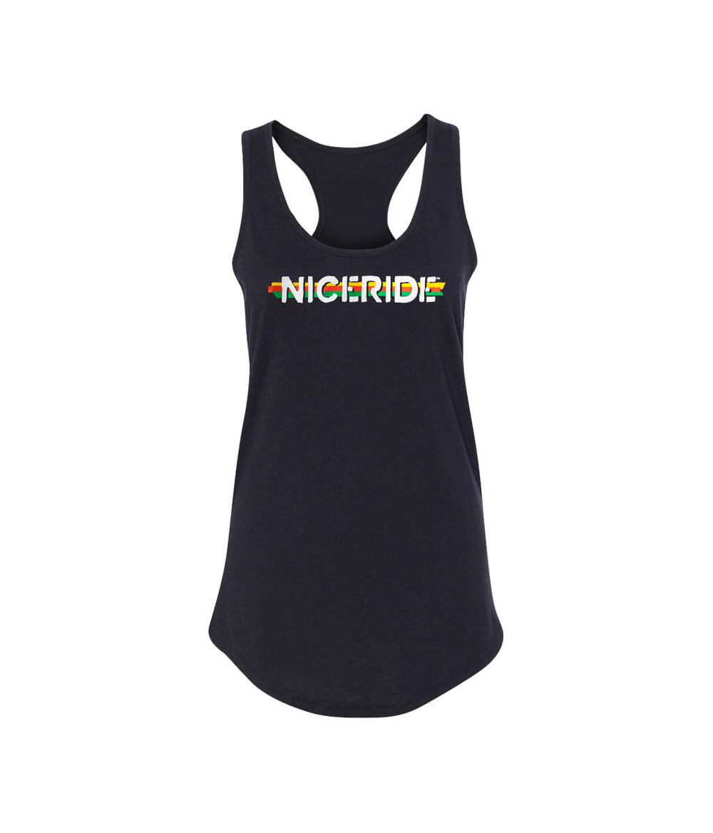 Black tank top for women featuring NICERIDE design, perfect for casual wear and activities.