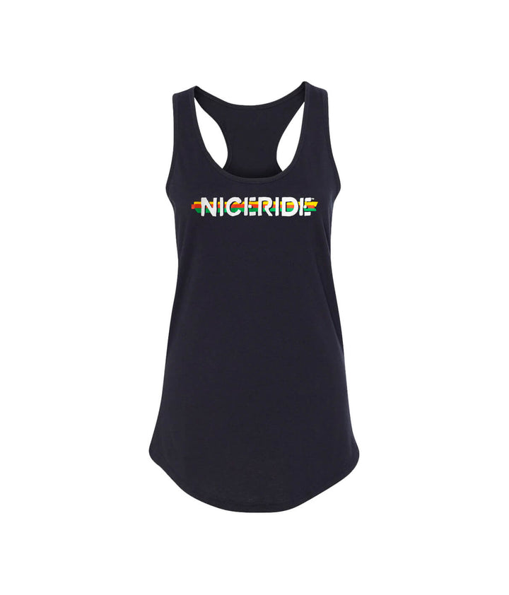 Black tank top for women featuring NICERIDE design, perfect for casual wear and activities.