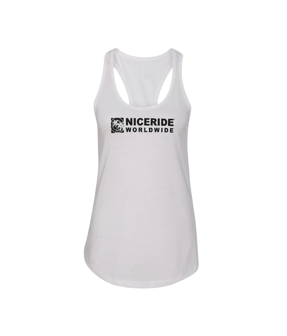 Women’s white racerback tank top featuring NICERIDE WORLDWIDE logo, perfect for yoga and casual wear.