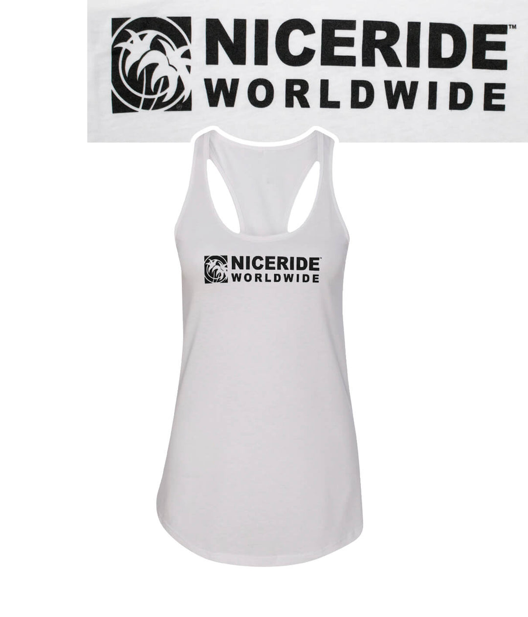 White racerback tank top featuring NICERIDE WORLDWIDE logo, perfect for yoga and casual wear.