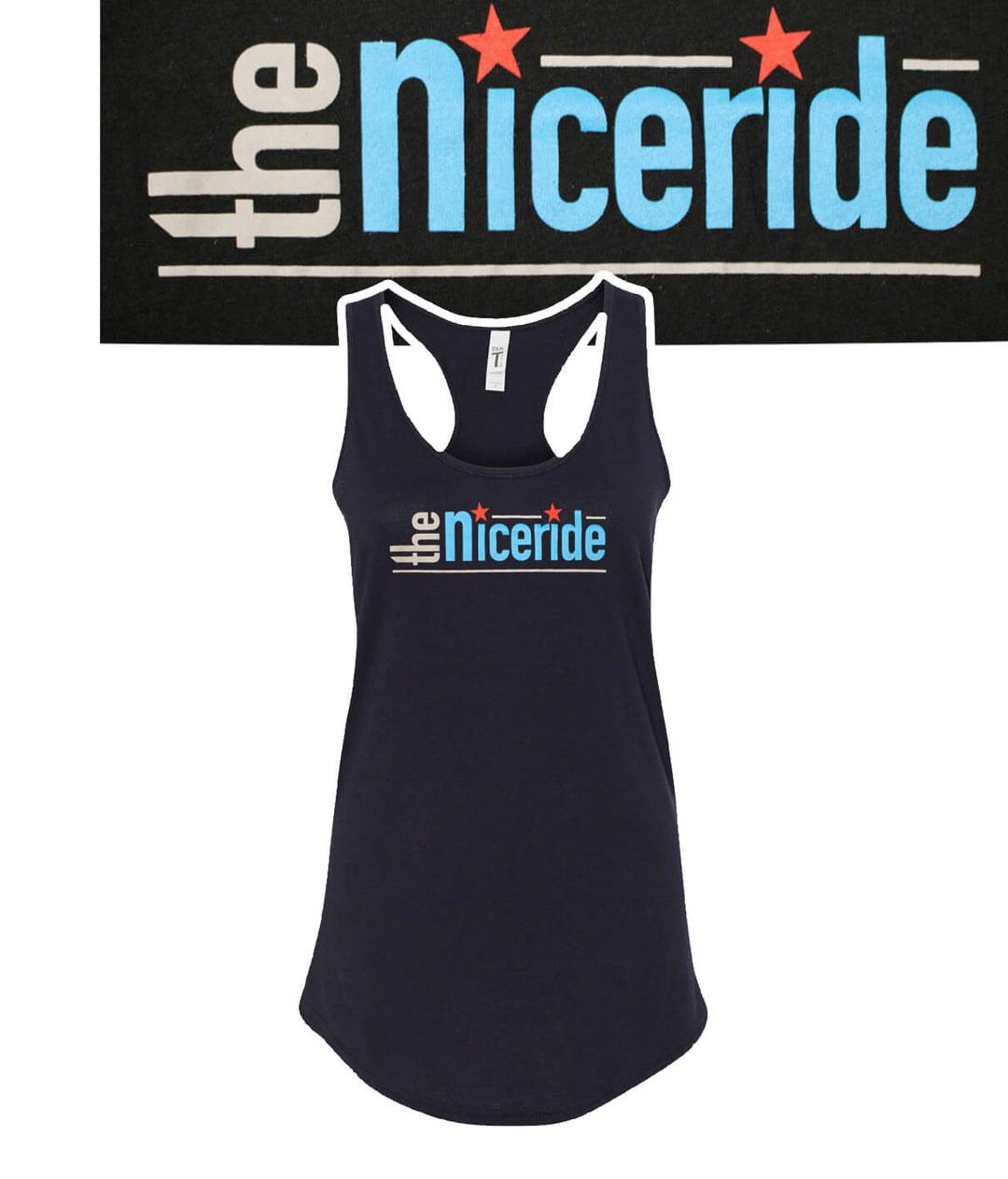 Banjo tank top for women featuring NICERIDE logo, racerback design in black. Perfect for yoga and comfortable wear.