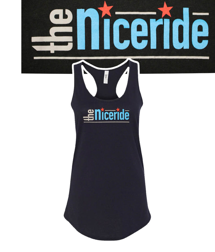 Banjo tank top for women featuring NICERIDE logo, racerback design in black. Perfect for yoga and comfortable wear.