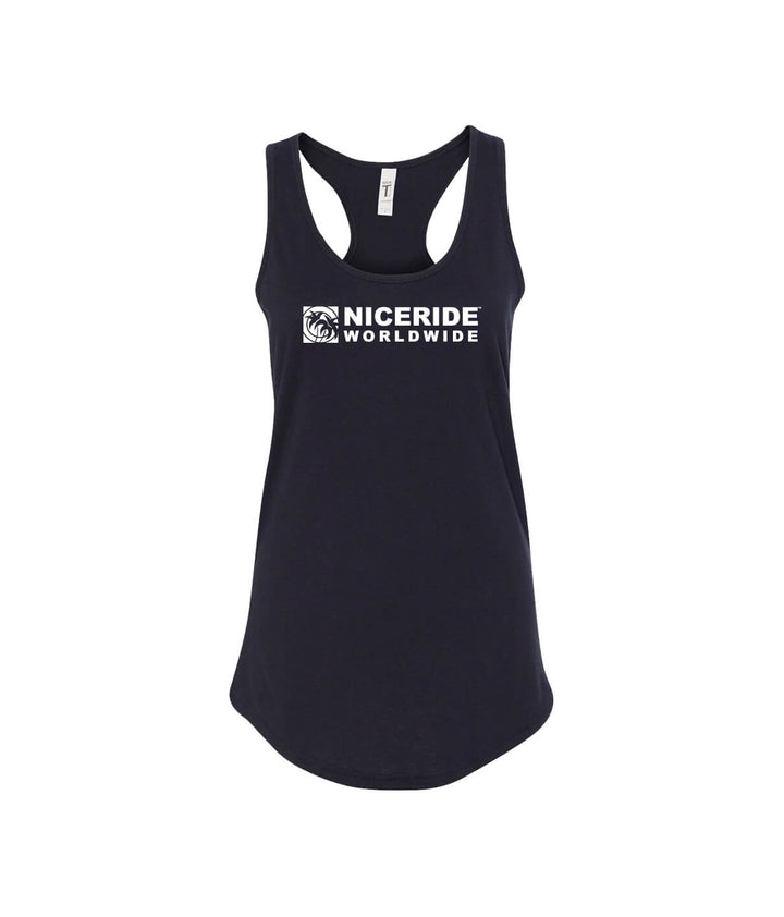 Prestige Next Level Tank Top for Women in navy with NICERIDE logo, ideal tank top for yoga and casual wear.