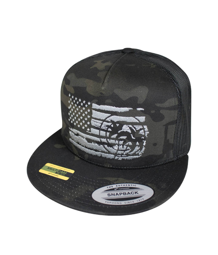Hat featuring a camouflage design with an American flag emblem, perfect for outdoor use.