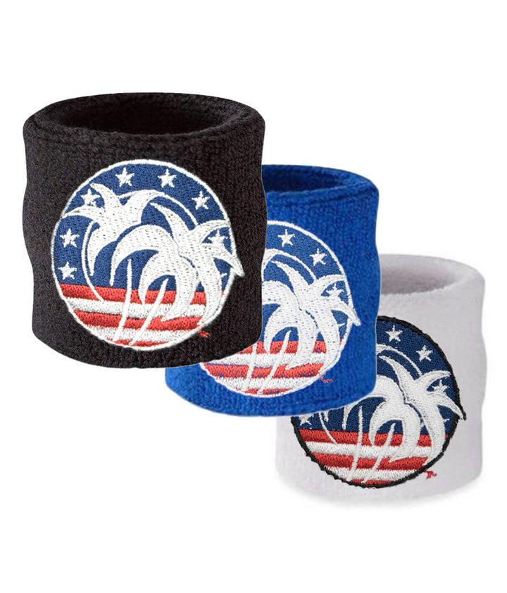 SPIRIT OF 76 wrist sweatband collection in black, blue, and white with embroidered palm tree design.