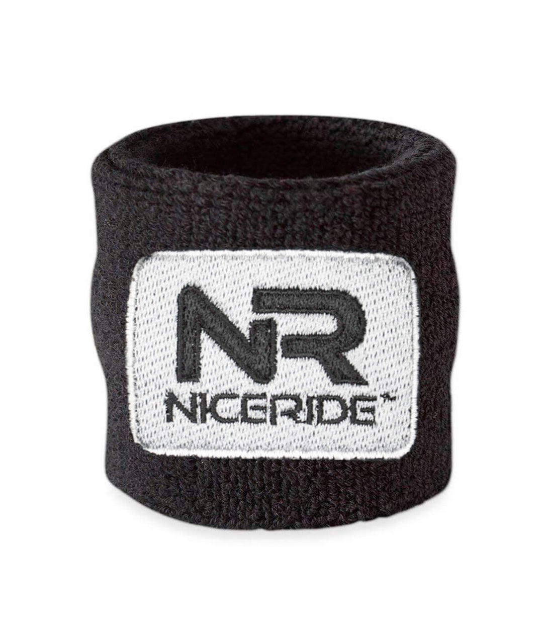 NICE RIDE black wrist sweatband designed to absorb sweat during activities, featuring embroidered logo and stylish look.