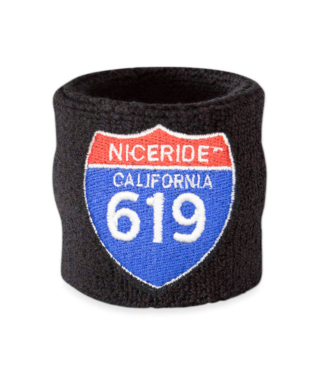 Interstate 619 wrist sweatband featuring NICERIDE design, ideal for athletics and stylish comfort.
